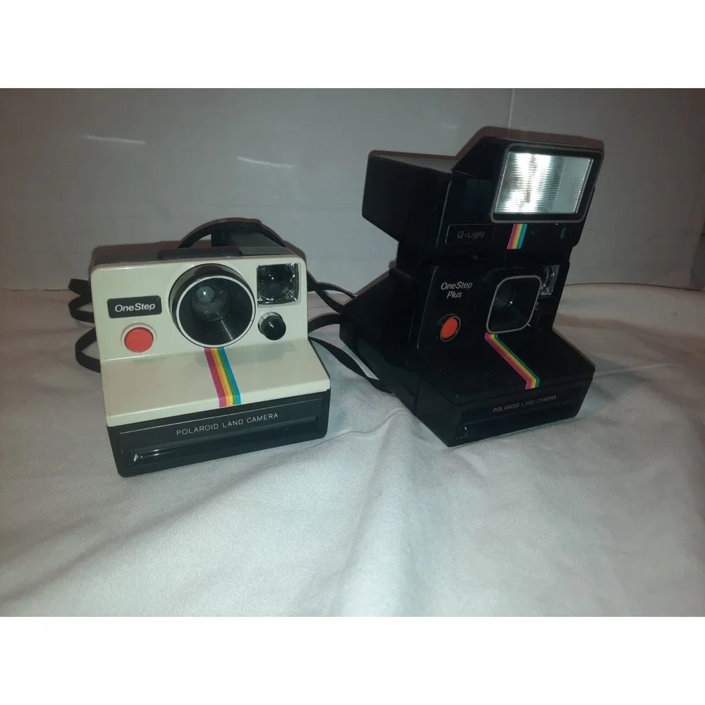 2x Vintage Polaroid OneStep Land Camera & OneStep Plus Rainbow 80's Q-Light